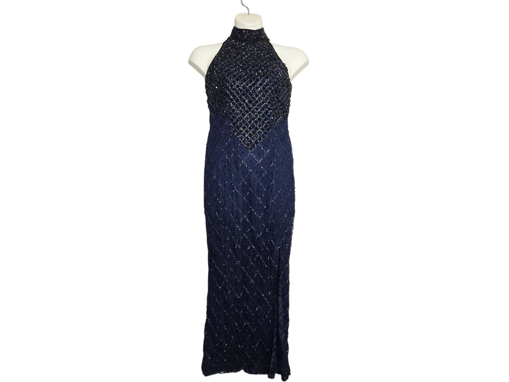 Vintage Laurence Kazar Silk Beaded Gown Size Large Long Bling Formal Dress Prom